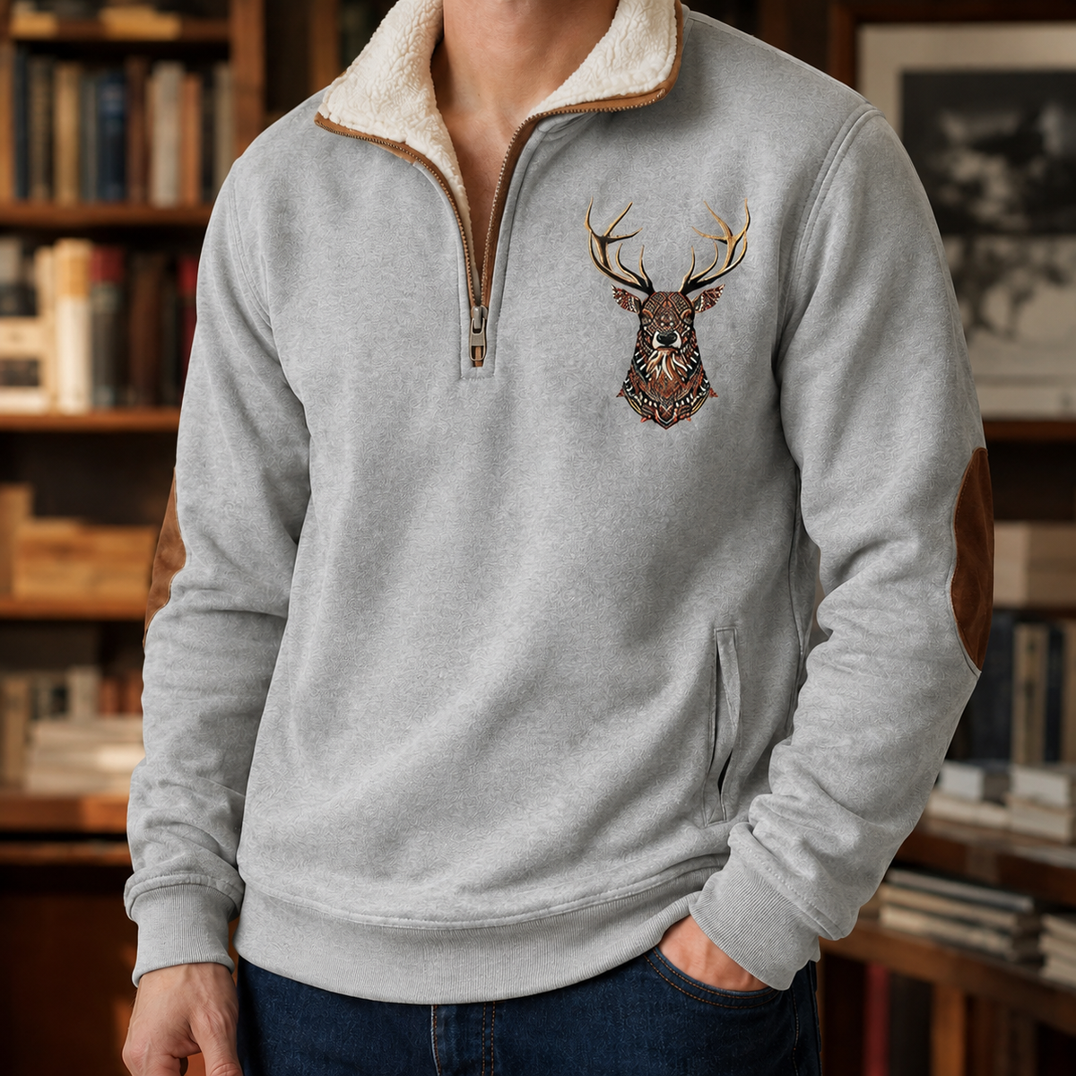 Pull en maille à quart de zip avec motif cerf