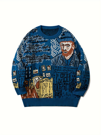 Pullover med rund hals og jacquardportrætmotiv