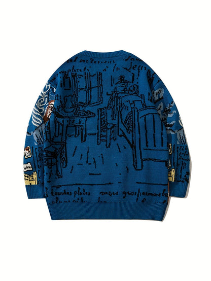 Pullover med rund hals og jacquardportrætmotiv