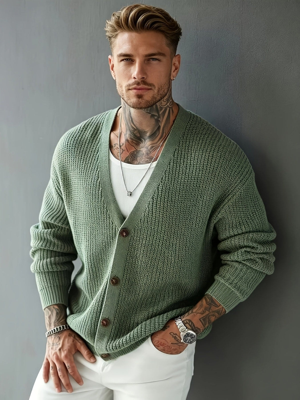 Cardigan med kraftig ribstrik, V-hals og knapper