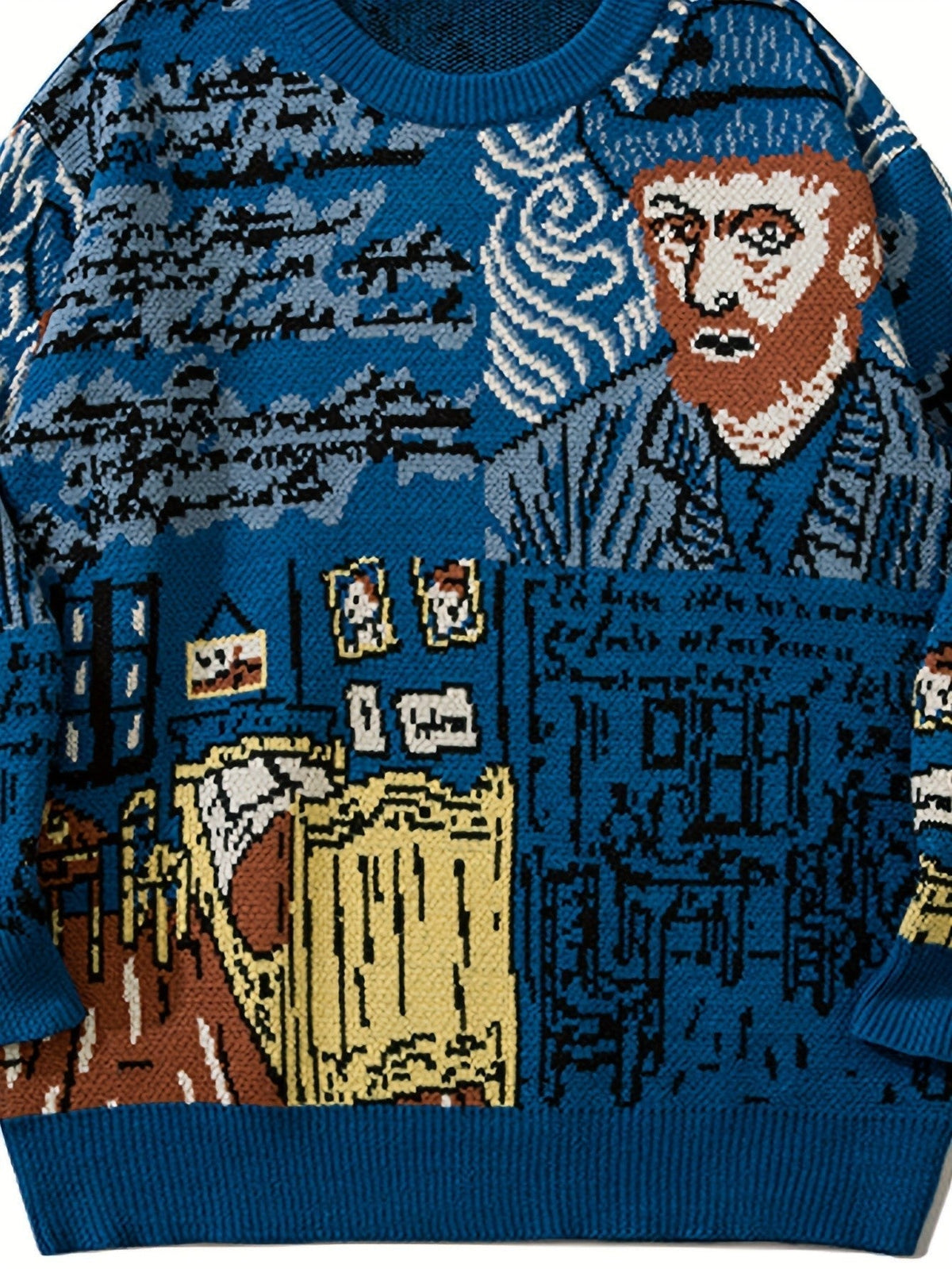 Pullover med rund hals og jacquardportrætmotiv