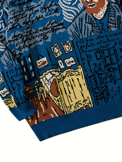 Pullover med rund hals og jacquardportrætmotiv