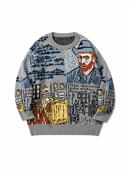 Pullover med rund hals og jacquardportrætmotiv