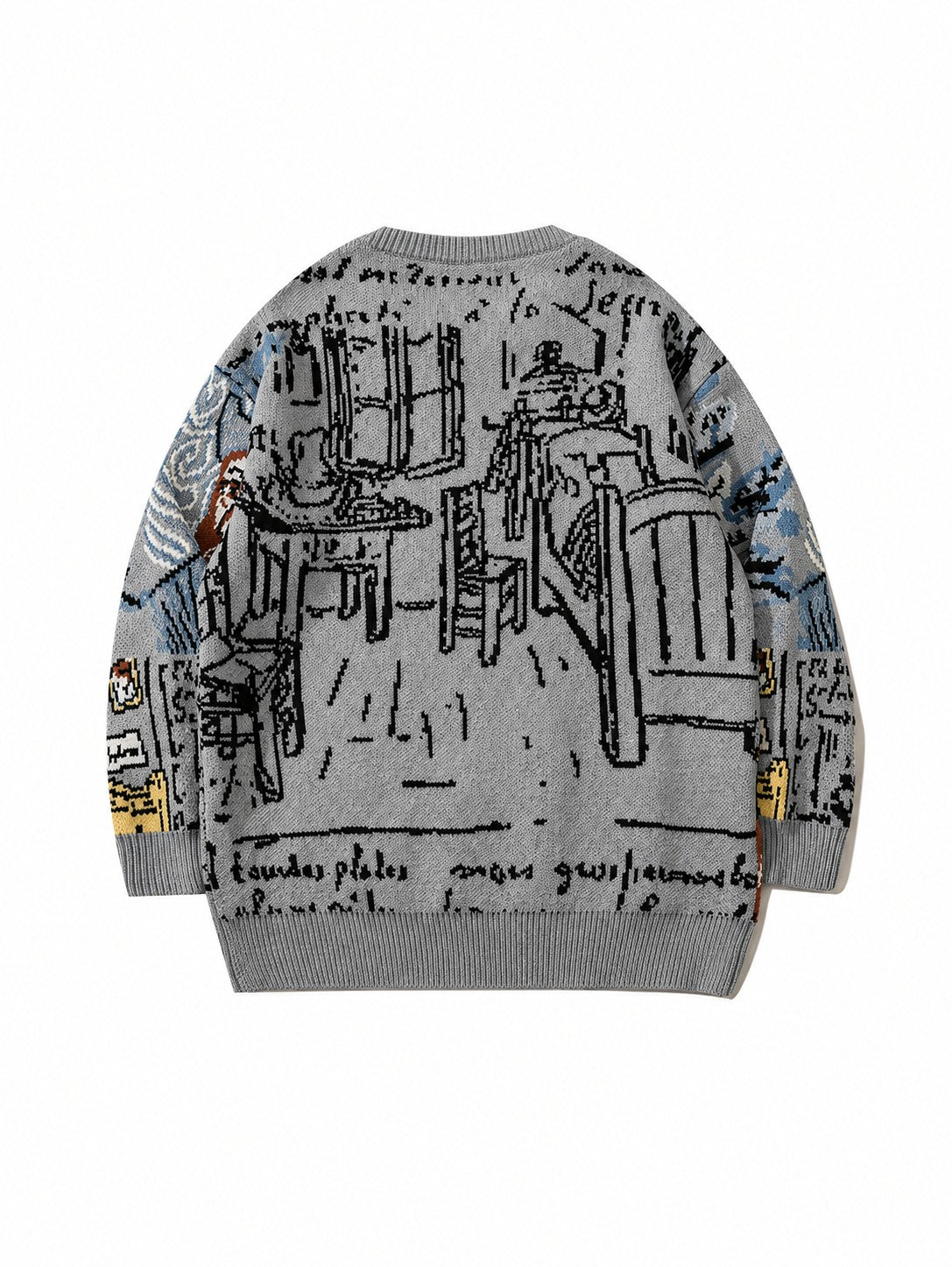 Pullover med rund hals og jacquardportrætmotiv
