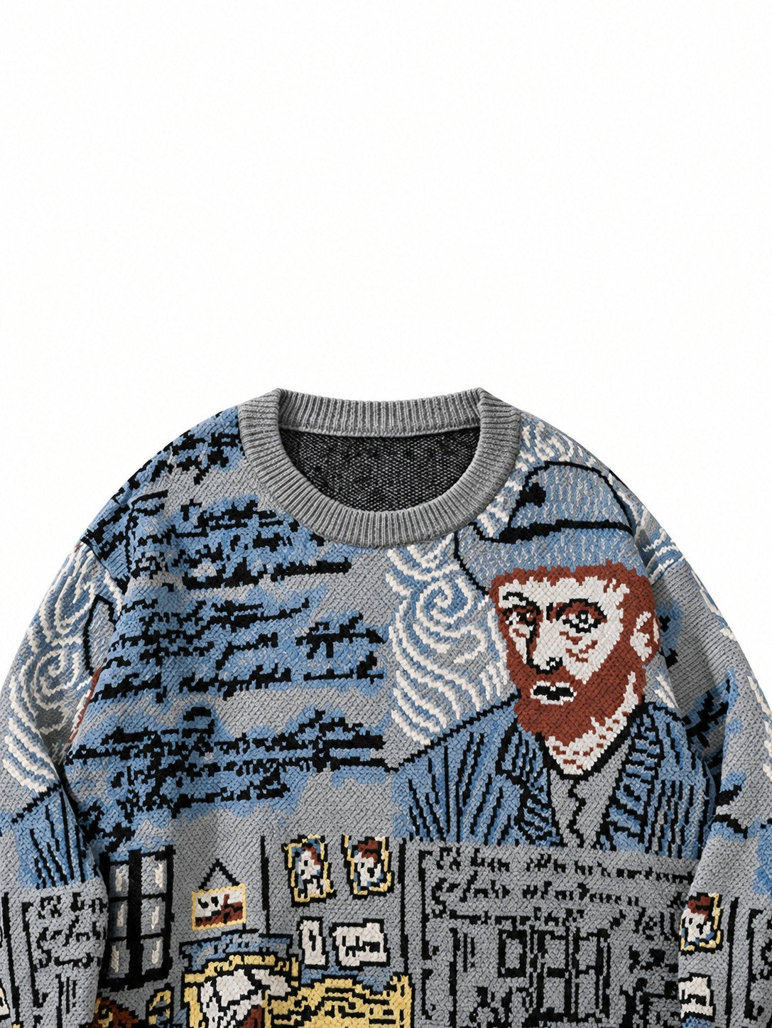 Pullover med rund hals og jacquardportrætmotiv