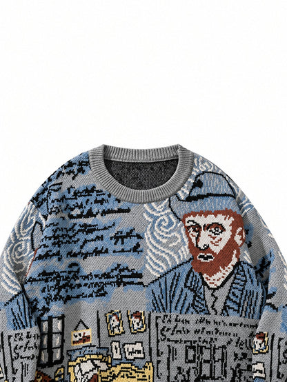 Pullover med rund hals og jacquardportrætmotiv
