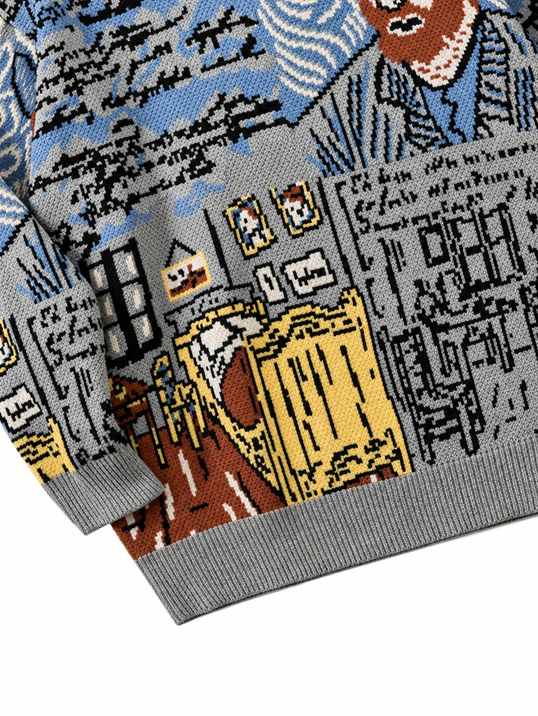 Pullover med rund hals og jacquardportrætmotiv