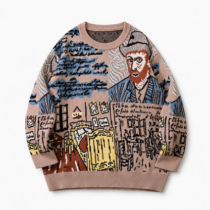 Pullover med rund hals og jacquardportrætmotiv