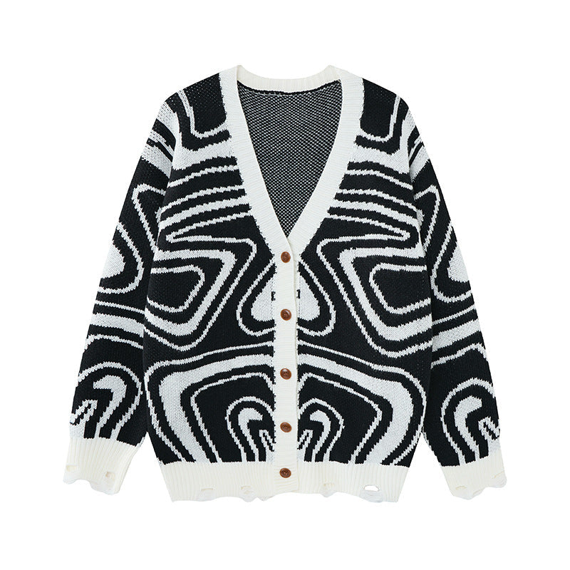 Unisex oversized cardigan i strik med abstrakt hvirvelmønster