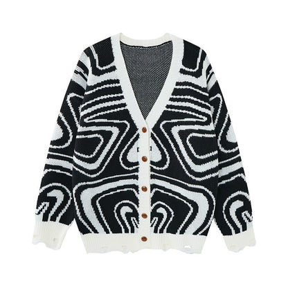 Unisex oversized cardigan i strik med abstrakt hvirvelmønster