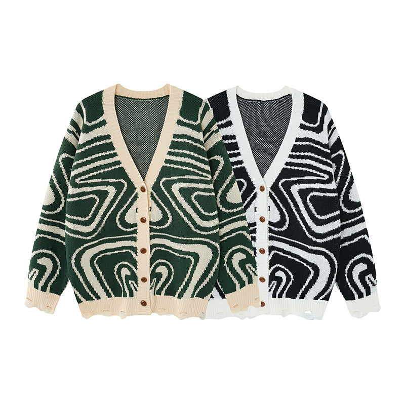 Unisex oversized cardigan i strik med abstrakt hvirvelmønster