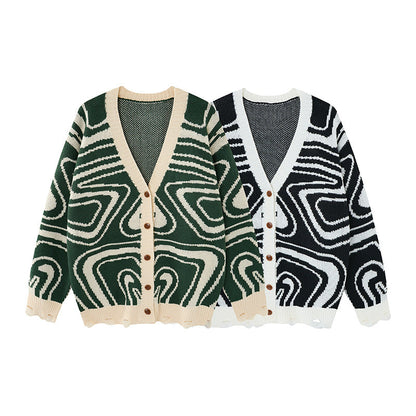 Unisex oversized cardigan i strik med abstrakt hvirvelmønster