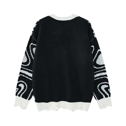 Unisex oversized cardigan i strik med abstrakt hvirvelmønster