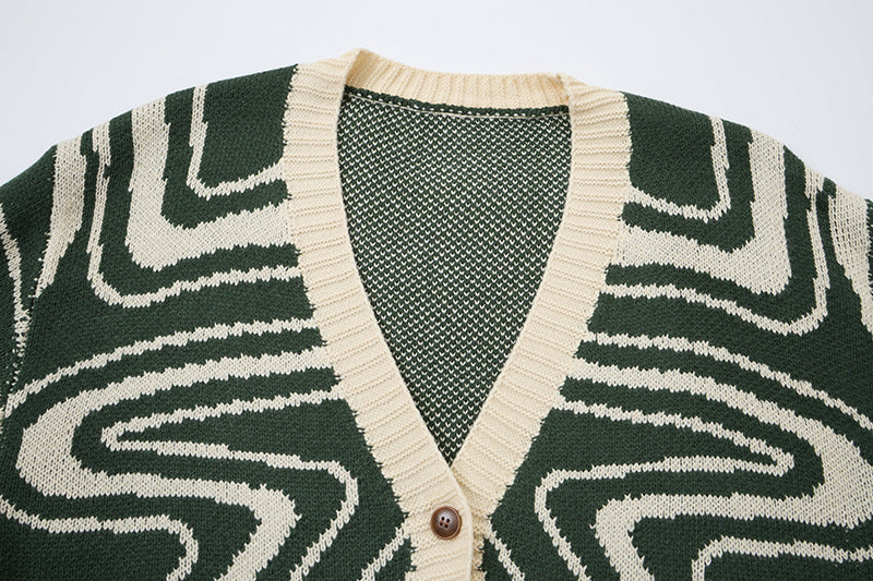 Unisex oversized cardigan i strik med abstrakt hvirvelmønster