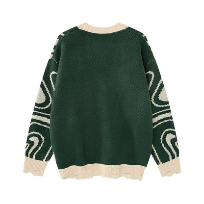 Unisex oversized cardigan i strik med abstrakt hvirvelmønster