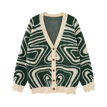 Unisex oversized cardigan i strik med abstrakt hvirvelmønster
