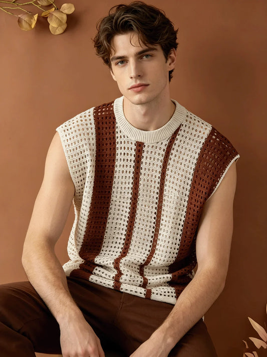 Gilet da uomo in maglia traforata a righe, vestibilità ampia