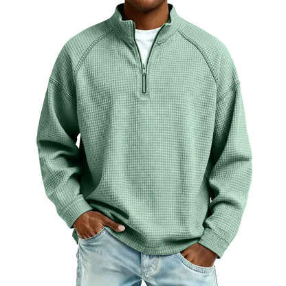 Muški ležerni pulover od waffle pletiva sa zatvaračem do četvrtine, široki kroj