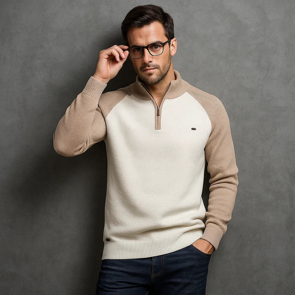 Herren-Pullover aus Baumwolle mit Stehkragen und Viertelreißverschluss