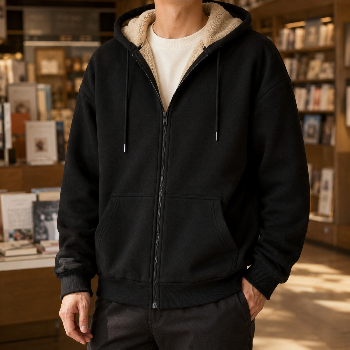 Hoodie med fuld lynlås og sherpafoer
