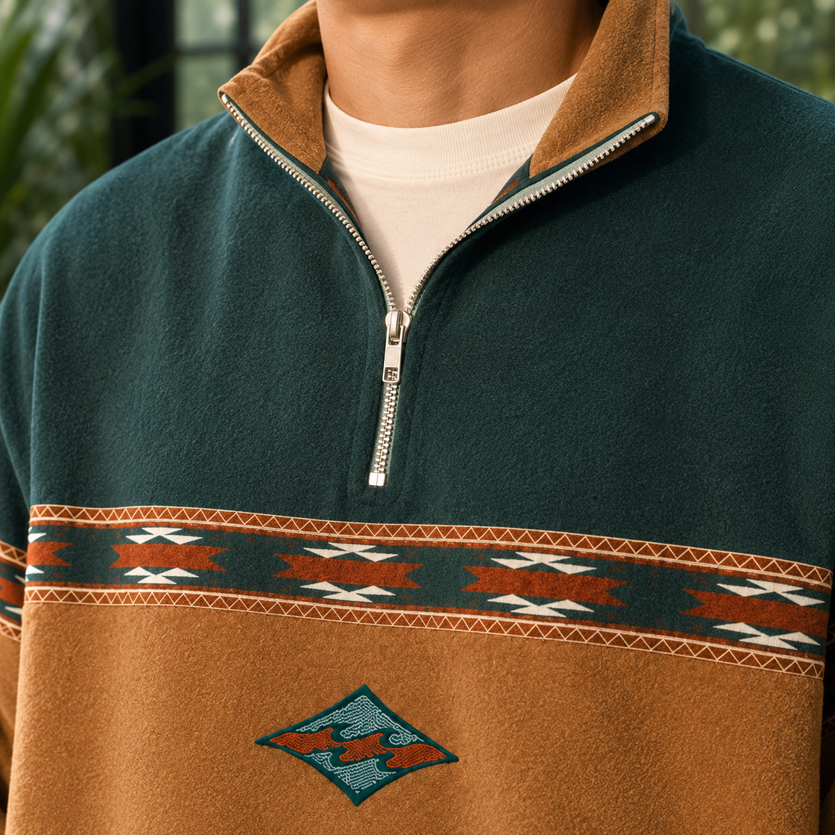 Quarter Zip Knit Sweater With Geometric Chest Bands