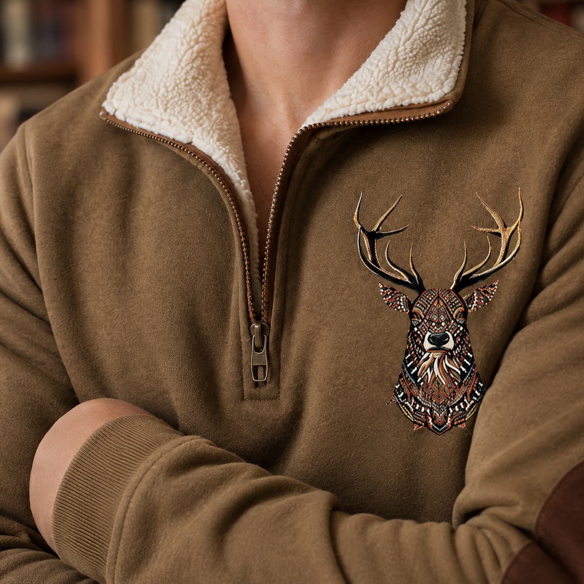 Pull en maille à quart de zip avec motif cerf