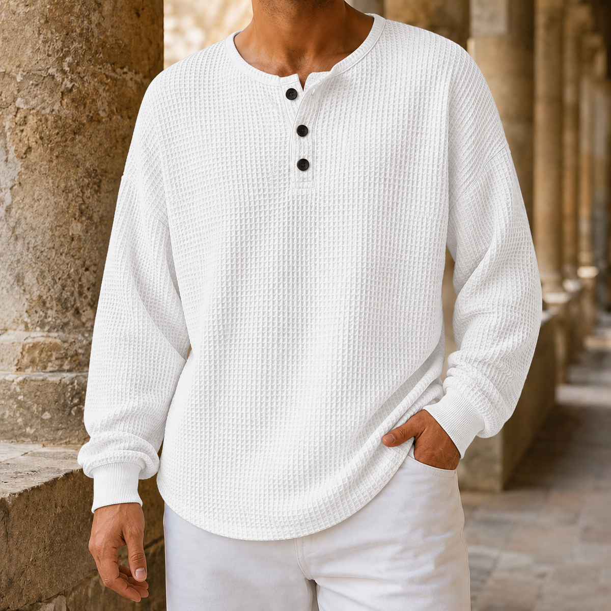 Henleytrui van wafelbreisel met relaxed fit
