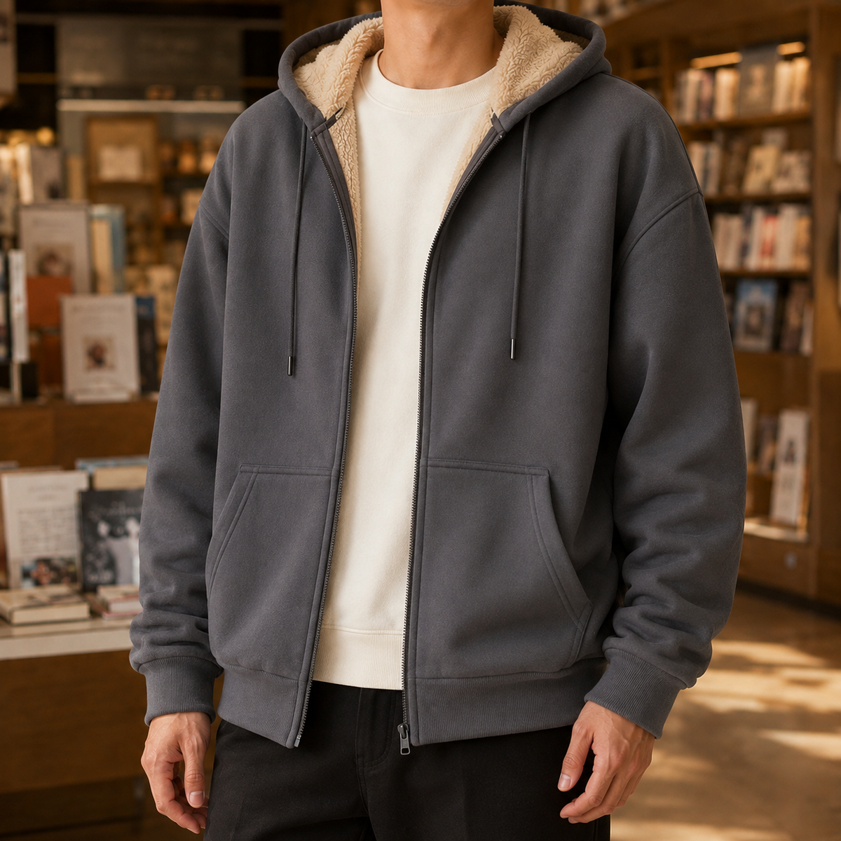 Hoodie med fuld lynlås og sherpafoer