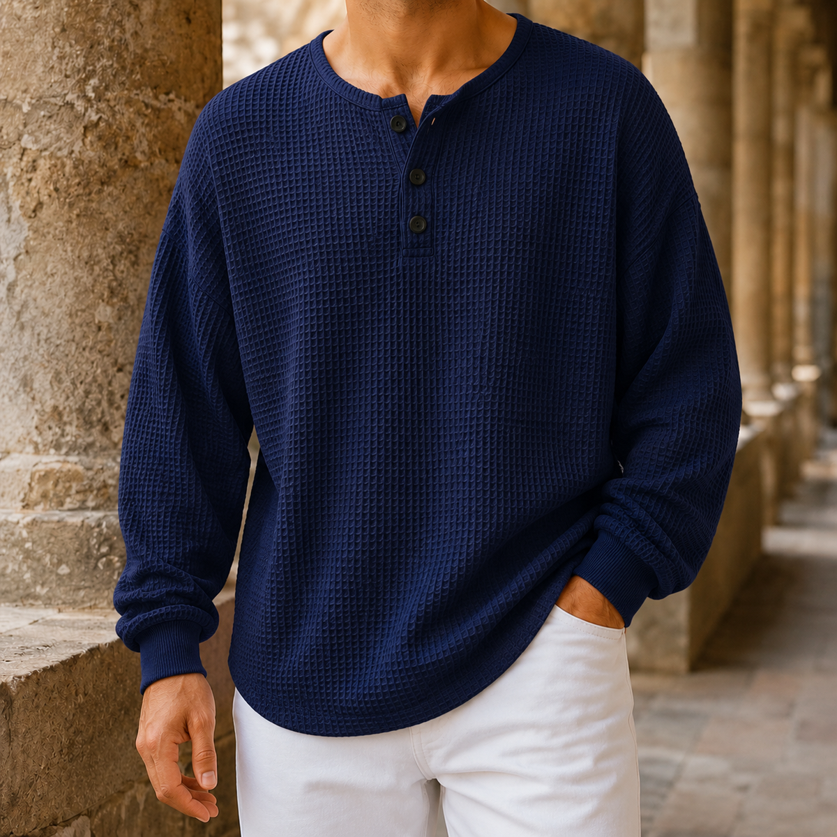 Henleytrui van wafelbreisel met relaxed fit