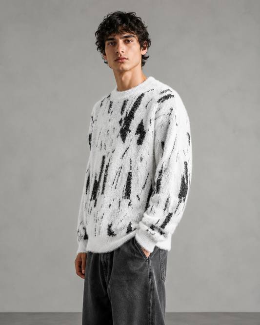 Men's Abstract Knit Sweater With Fuzzy Relaxed Fit