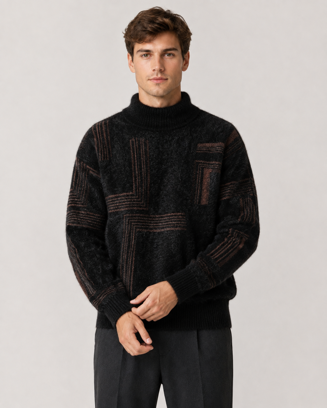 Men's Geometric Fluffy Knit Funnel Neck Sweater