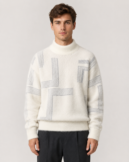 Men's Geometric Fluffy Knit Funnel Neck Sweater